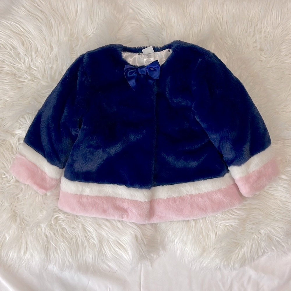 Little Me Faux Fur Navy, Pink and White Coat
